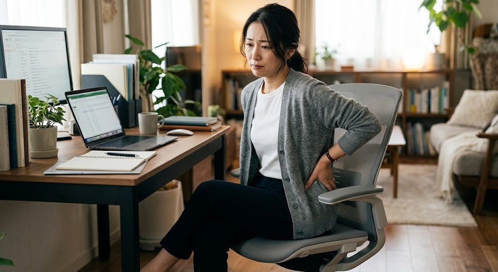 椎間板ヘルニアによる腰の痛みに悩む女性のイメージ写真