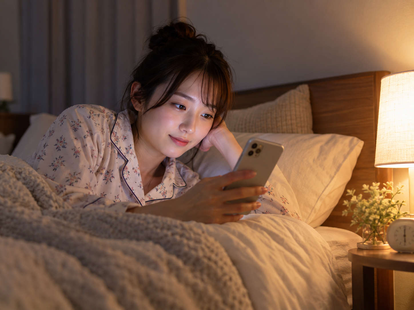就寝前にスマートフォンを見ている女性