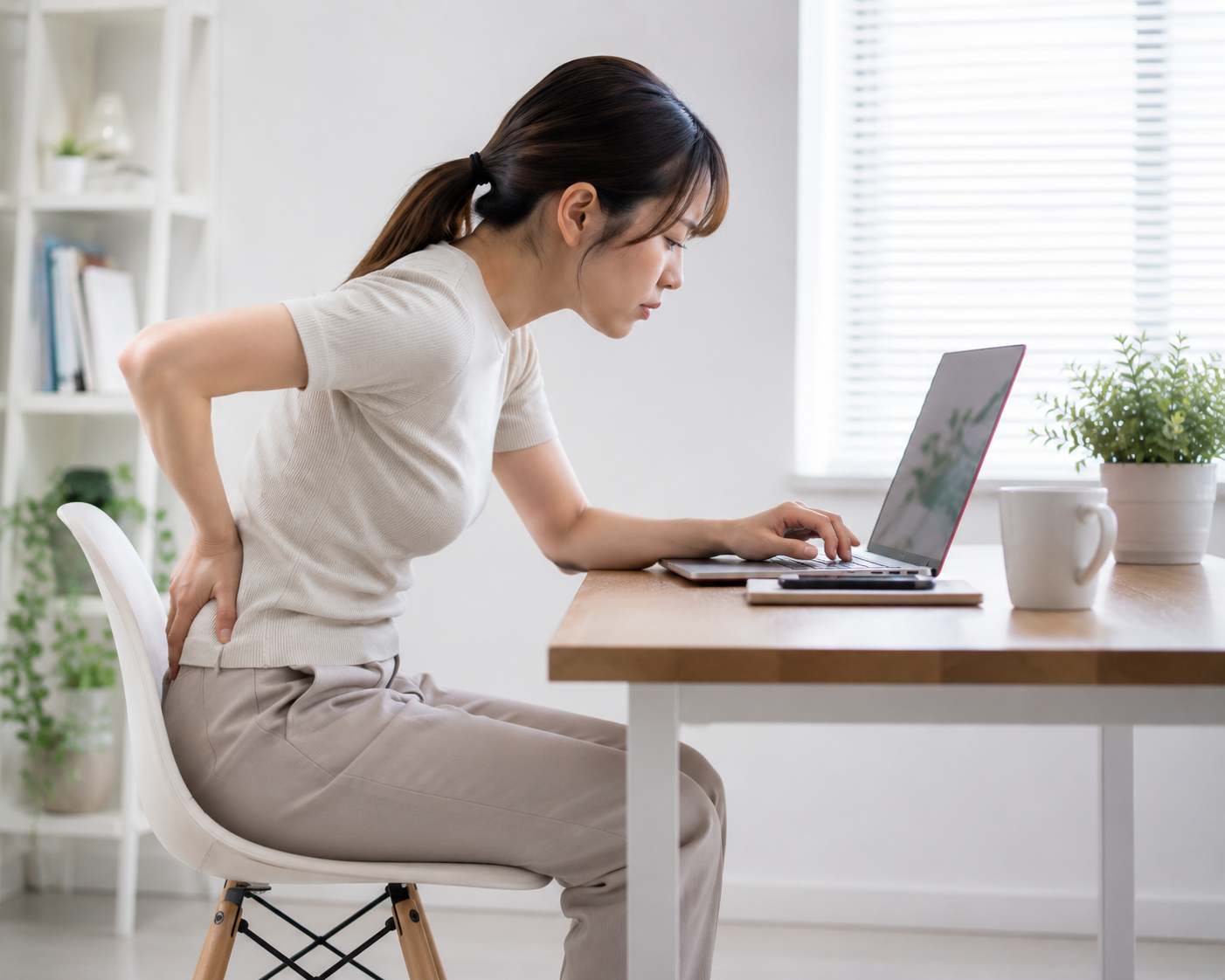 座りっぱなしで腰に負担がかかりやすい姿勢の女性