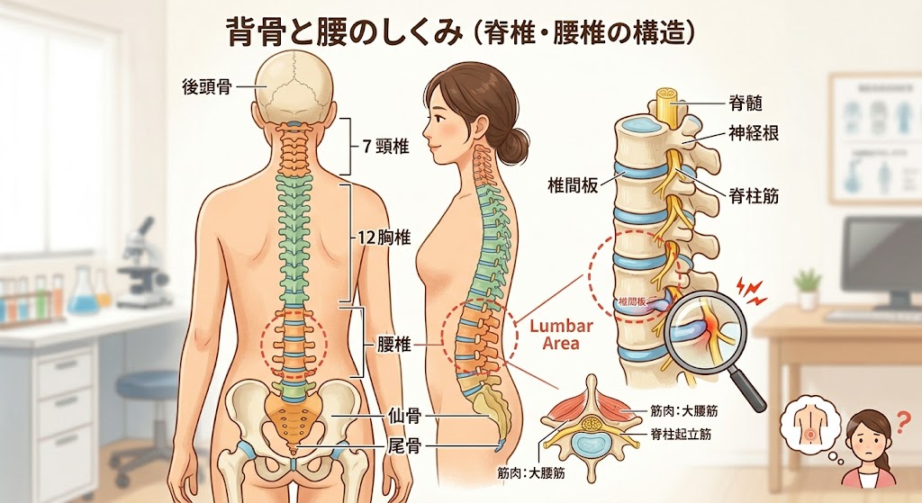 椎間板ヘルニアと背骨の仕組みを説明するイラスト