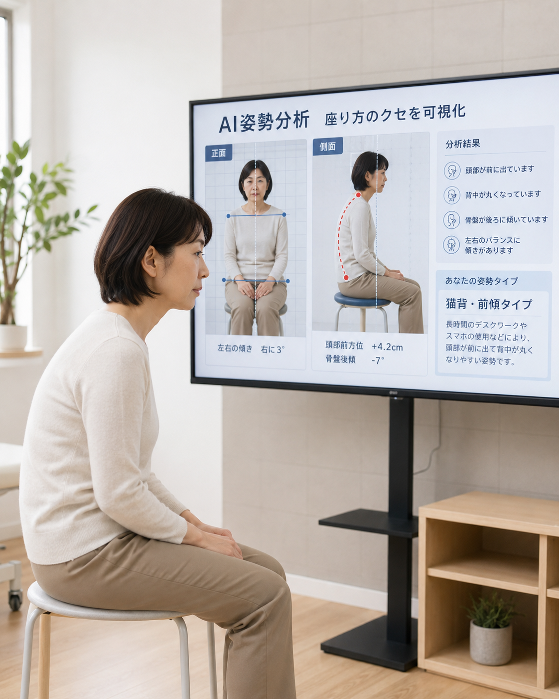 湘南山手整体院でAI姿勢分析により腰痛と座り方の原因を確認するイメージ
