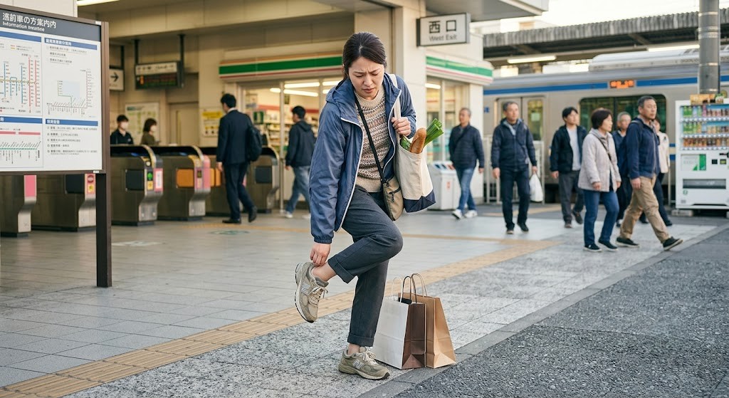 靴を履いたときに外反母趾の痛みを感じる女性のイメージ写真