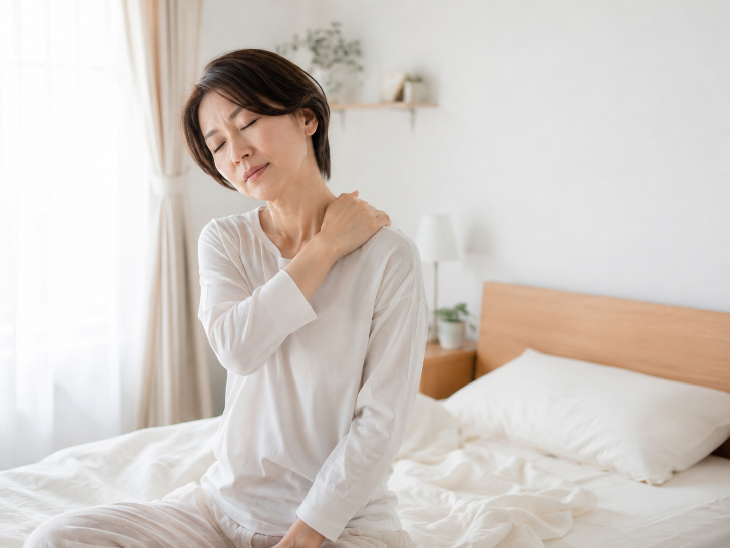 朝起きたときに首こりや肩こりを感じている女性