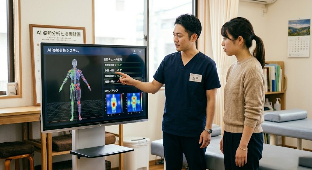 湘南山手整体院でAI姿勢分析により腰痛の原因を見える化するイメージ