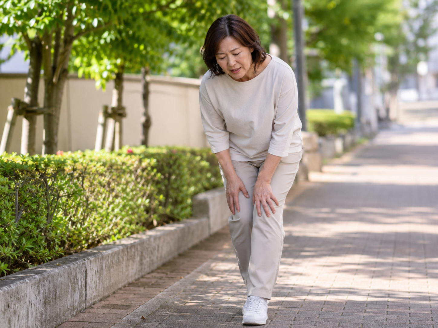 歩くときに膝の痛みが気になり膝へ手を添えている女性
