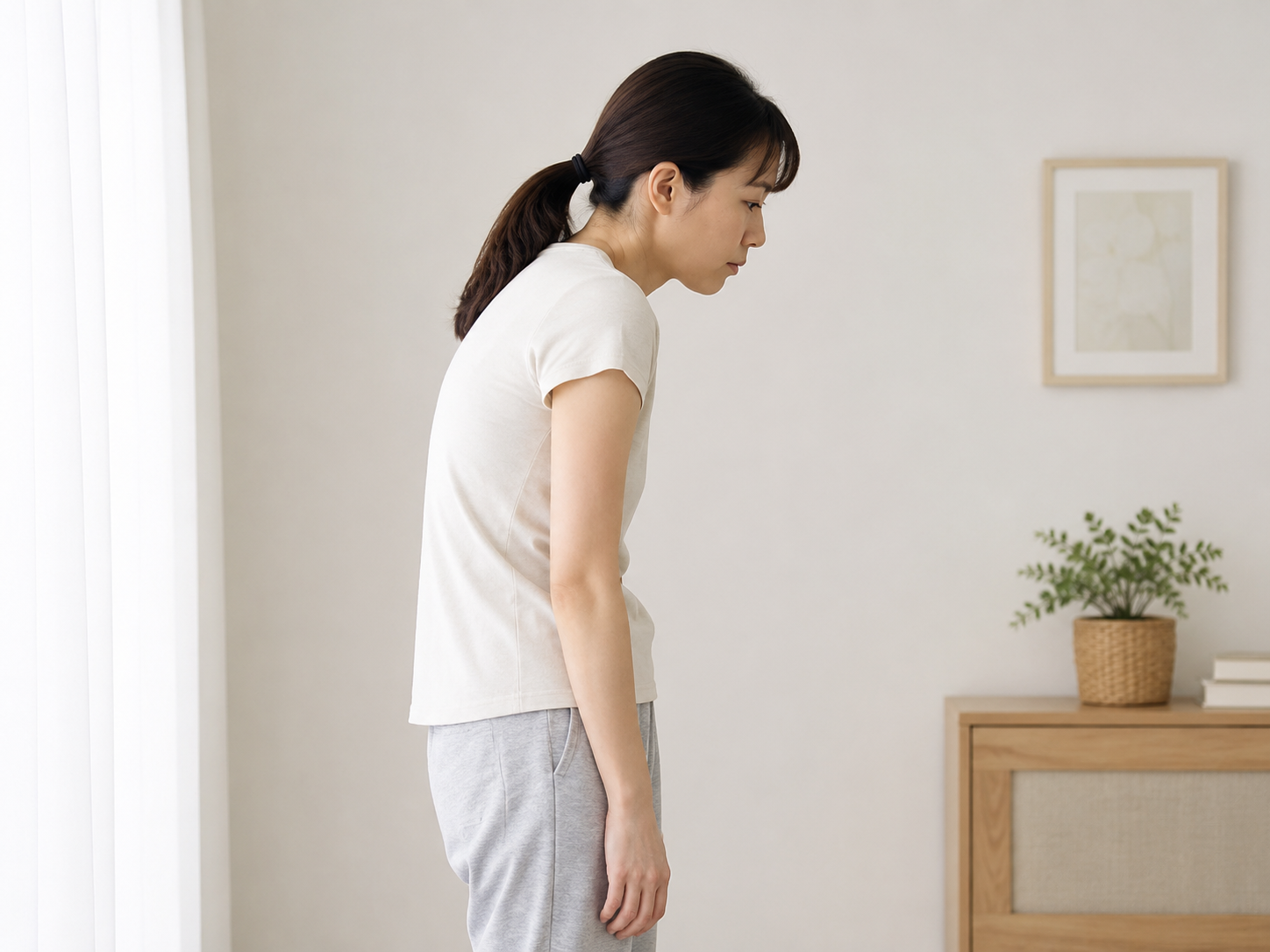 横から見た猫背・巻き肩姿勢の女性