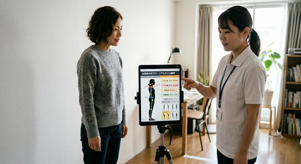 AI姿勢分析を受けているイメージ写真、または姿勢チェックをしている写真