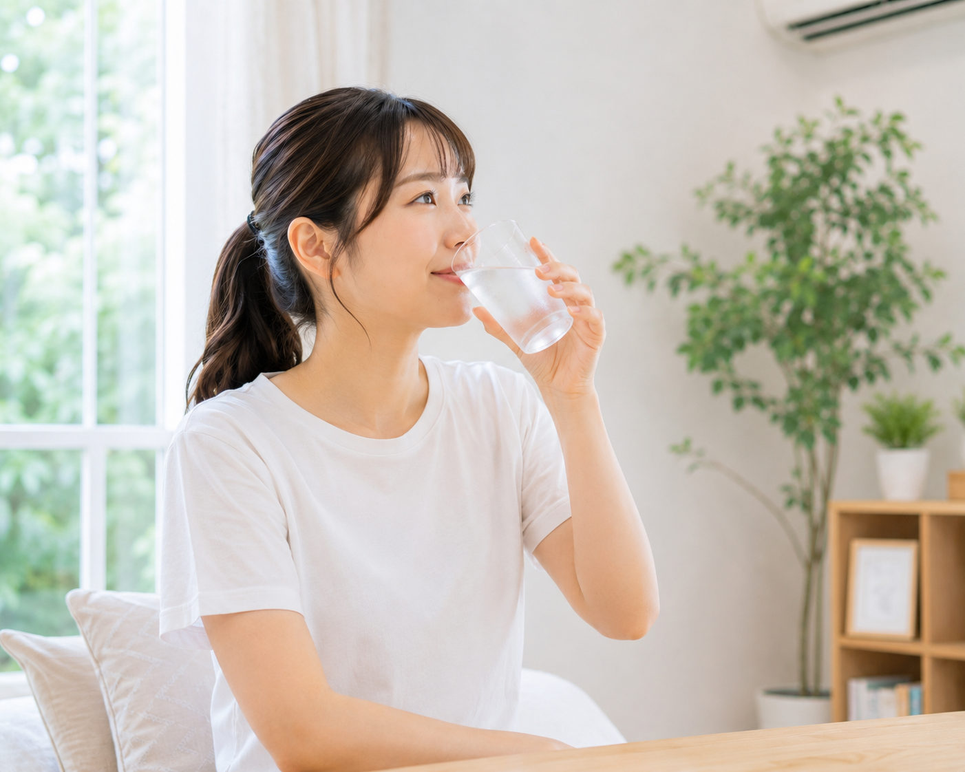 夏の体調管理として室内で水分補給をしている女性
