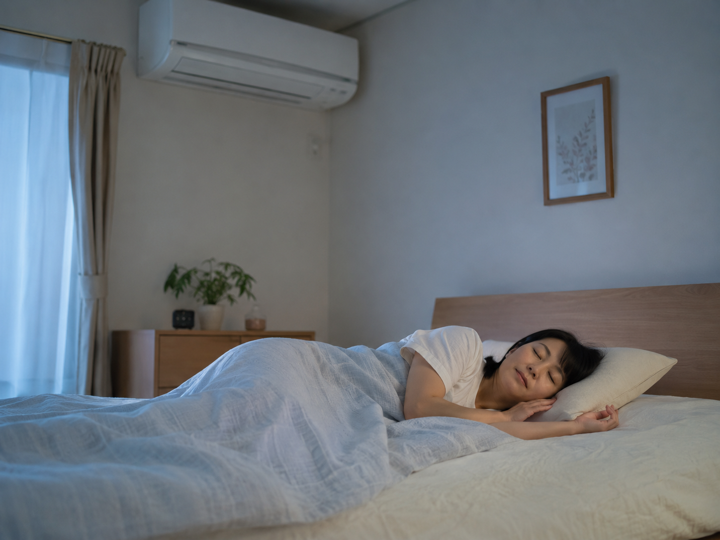 冷房の効いた寝室で肩まわりを冷やしすぎないように眠る女性