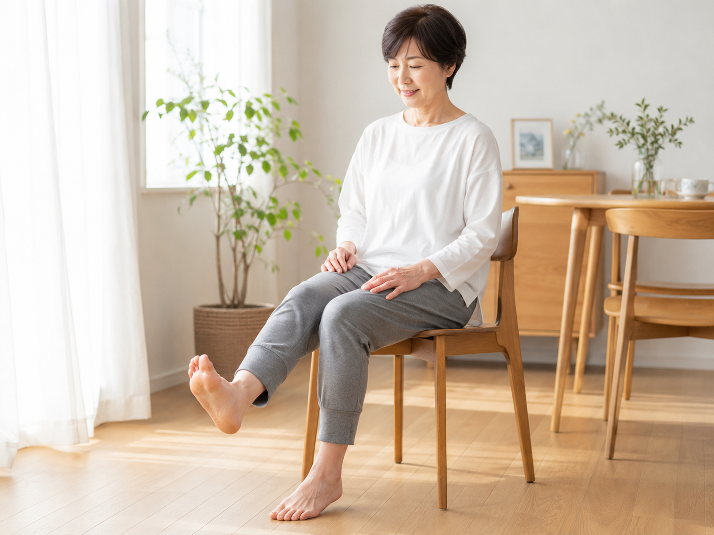 膝の負担を見直すために室内で足首をやさしく動かしている女性