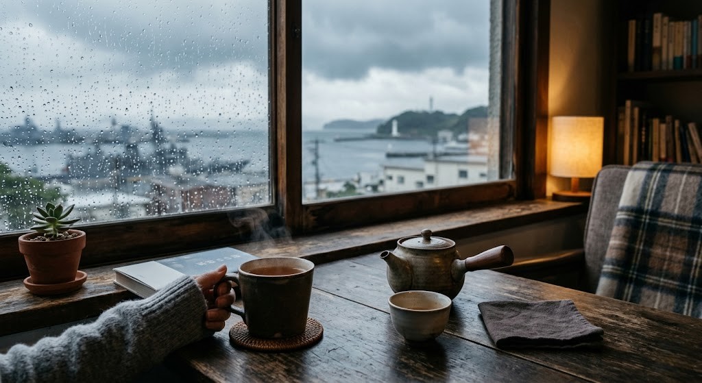 梅雨の日に家で温かいお茶を飲んで休む時間