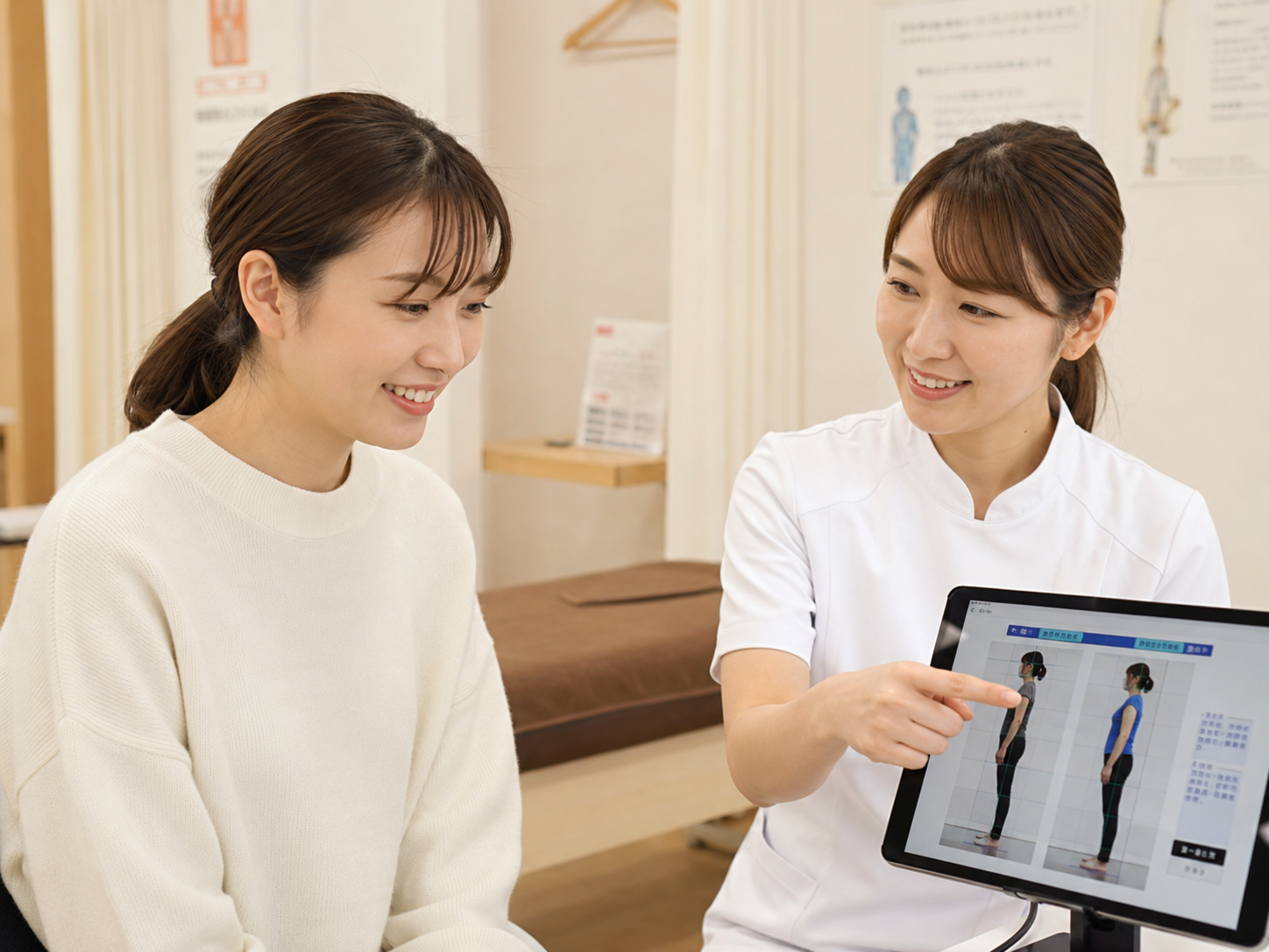 姿勢分析の結果を見ながら、やさしく説明を受けている女性