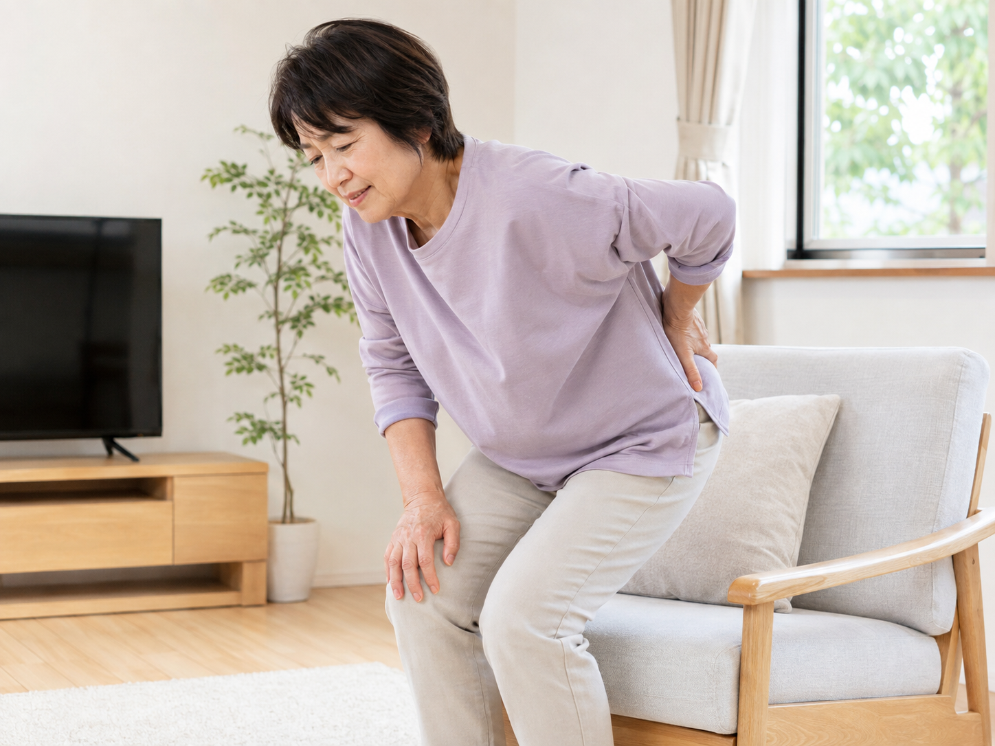 椅子から立ち上がるときに足腰の重さを感じている女性