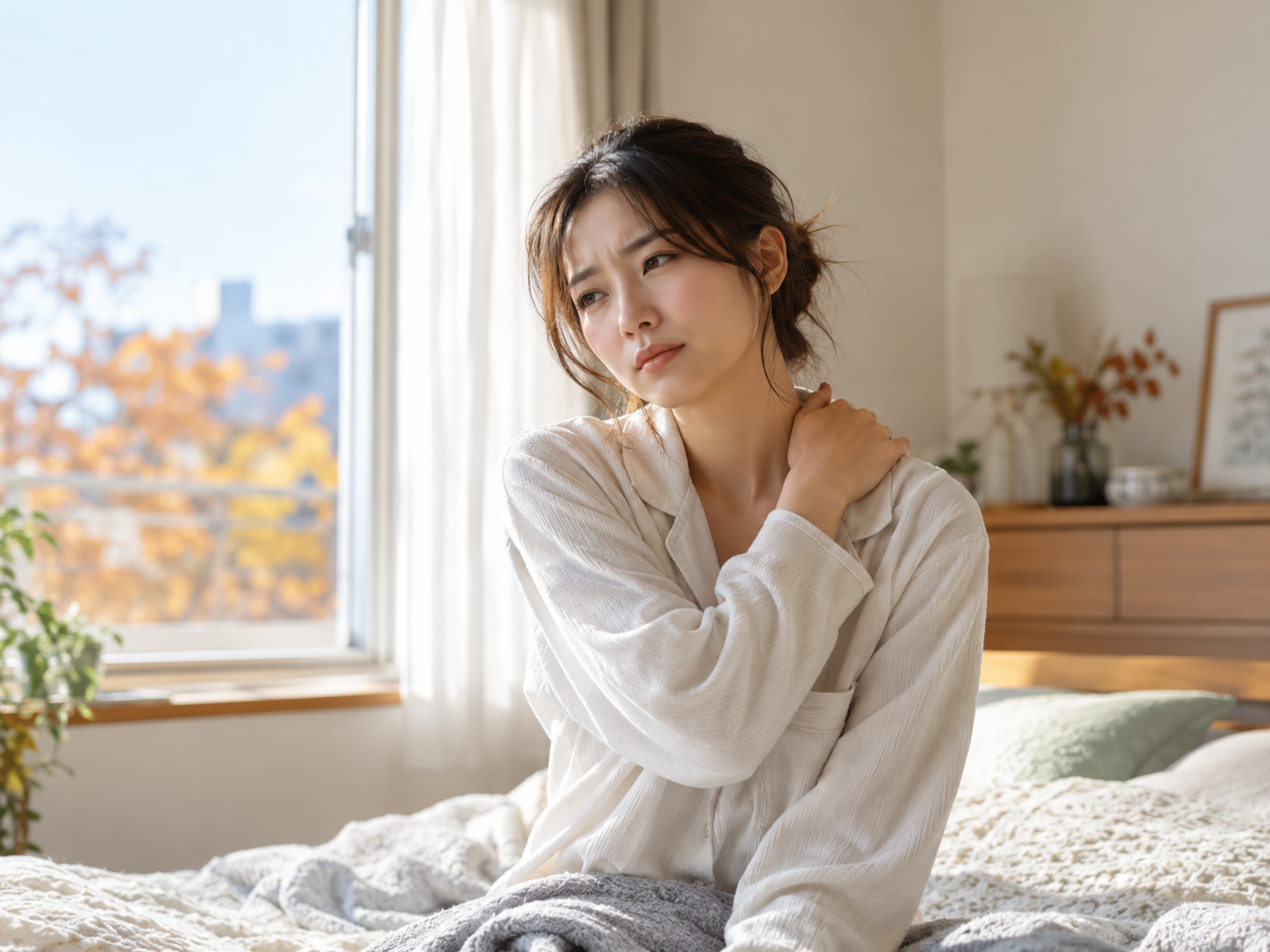 10月の朝に首や肩のこわばりを感じている女性