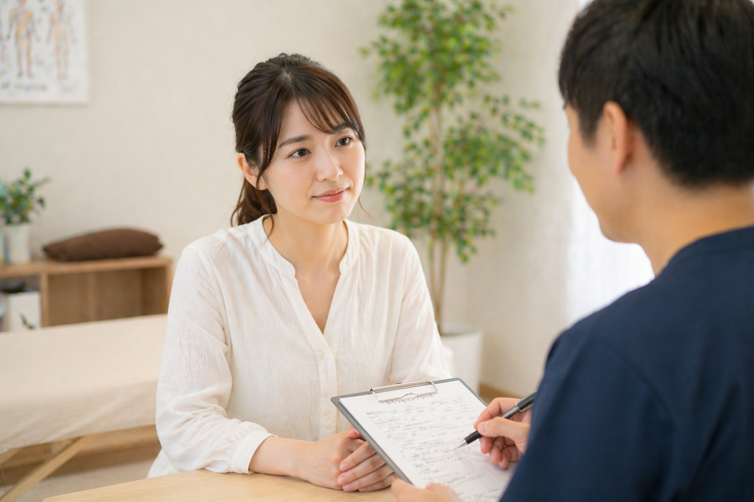 整体院でやさしくカウンセリングを受けている女性のイメージ