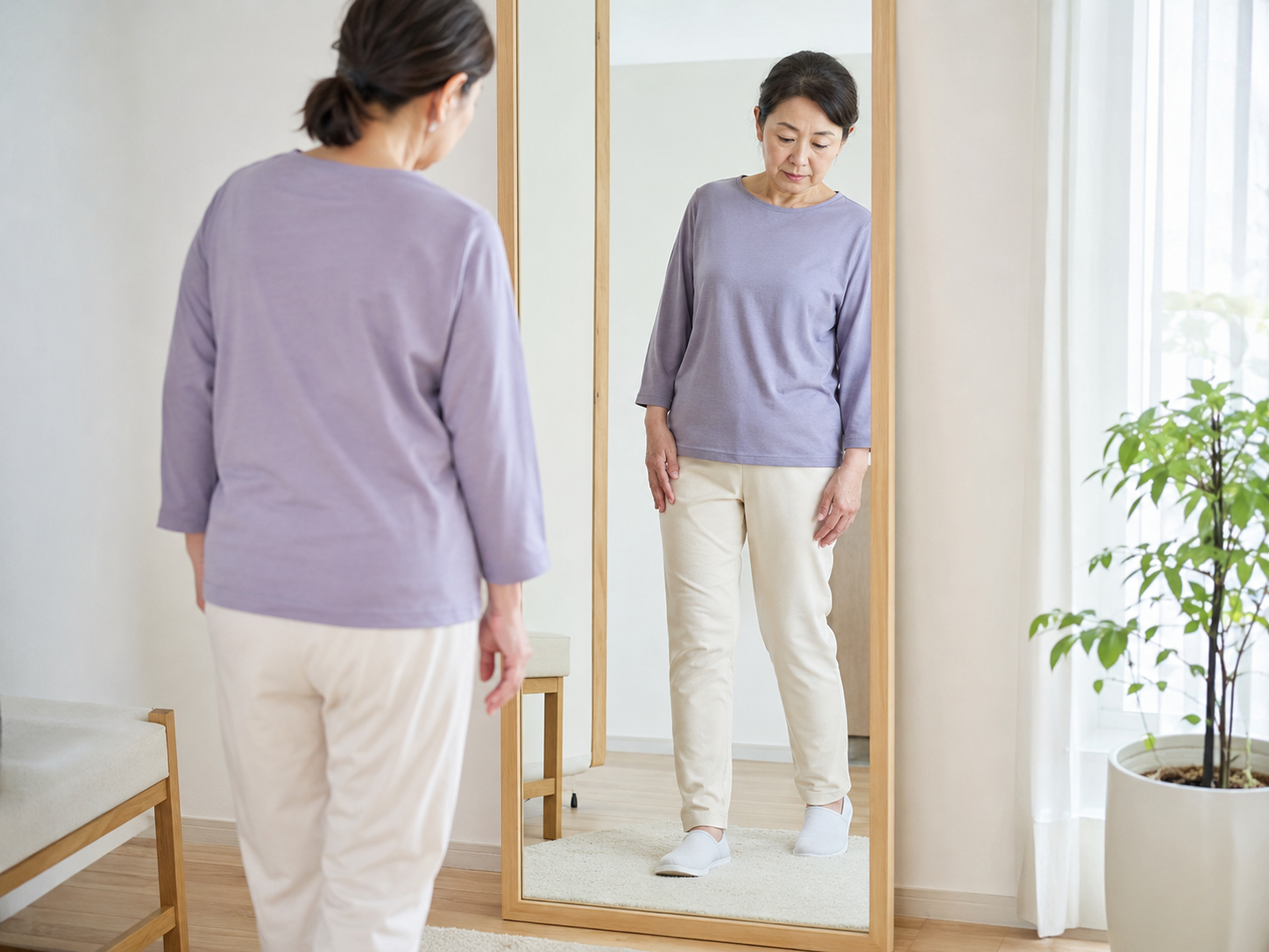 膝への負担につながる歩き方や体の傾きを確認する女性