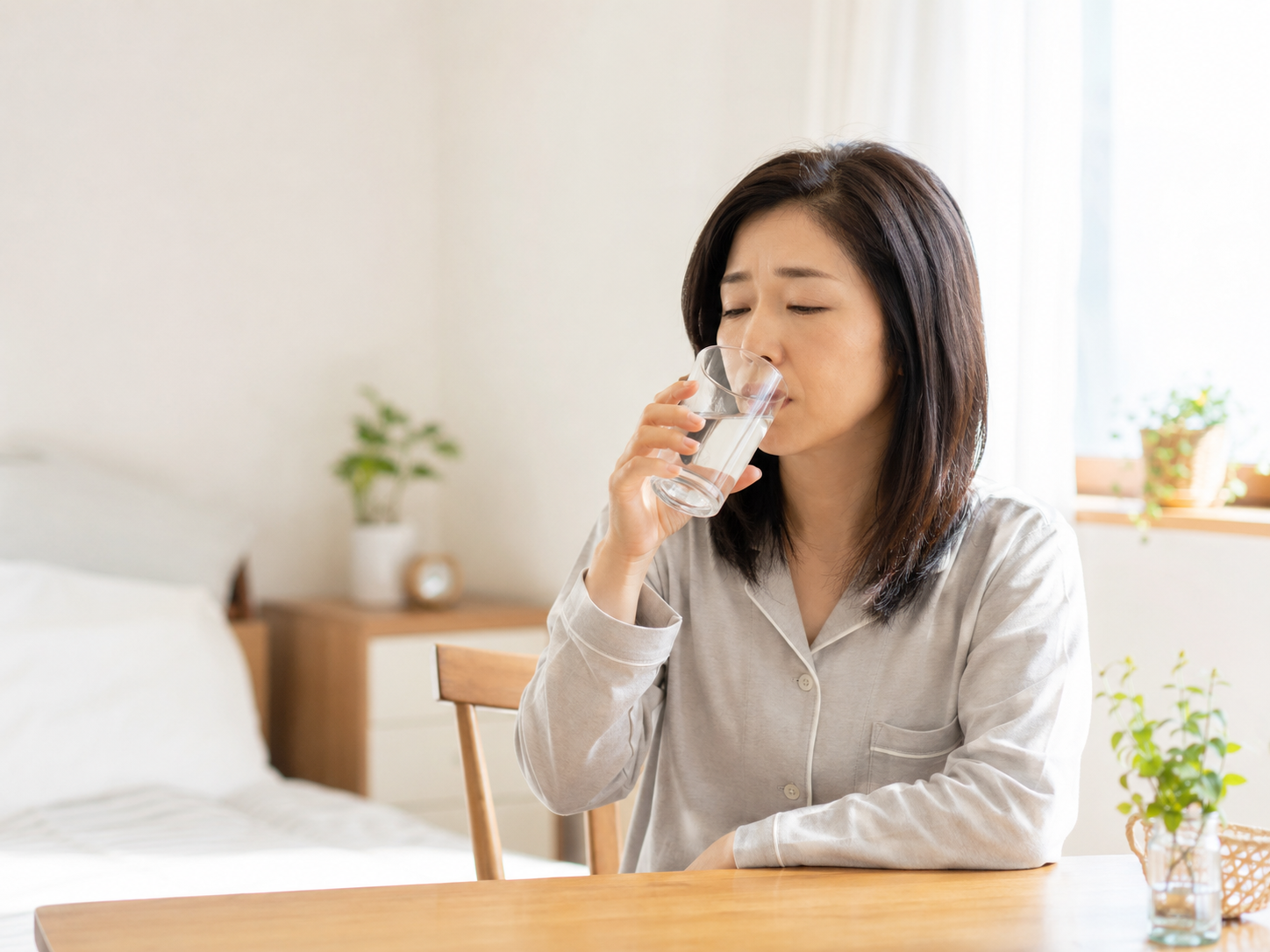 朝に体のだるさを感じながら水分補給をする女性