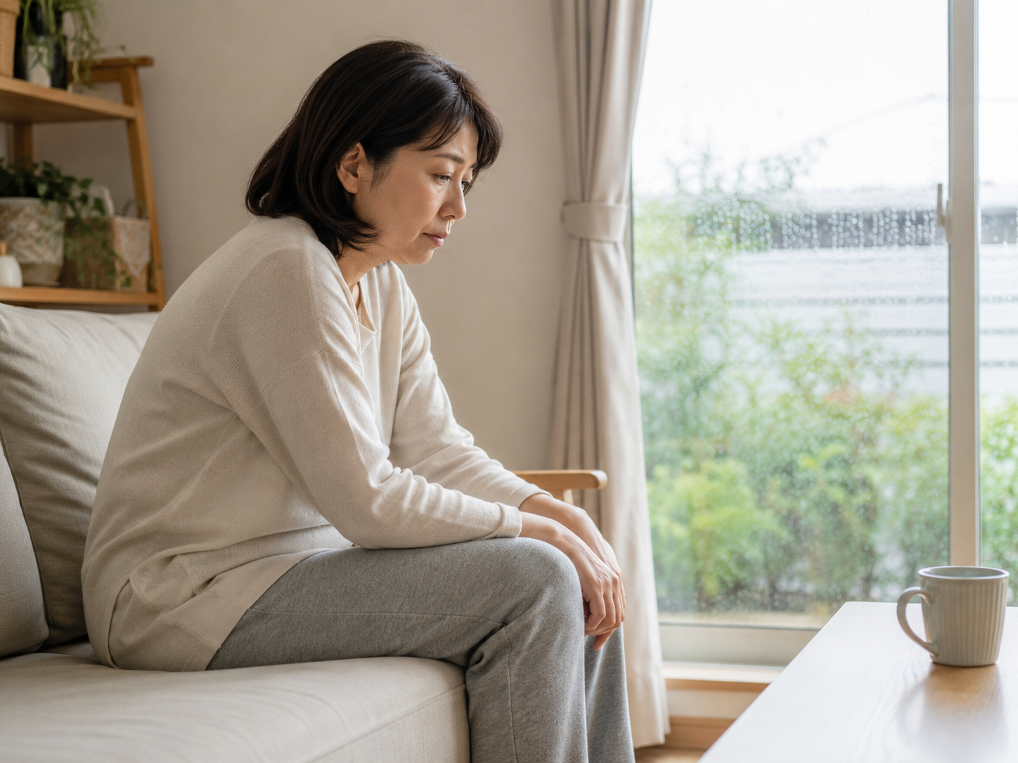 梅雨の時期に背中が丸くなり体のだるさを感じている女性