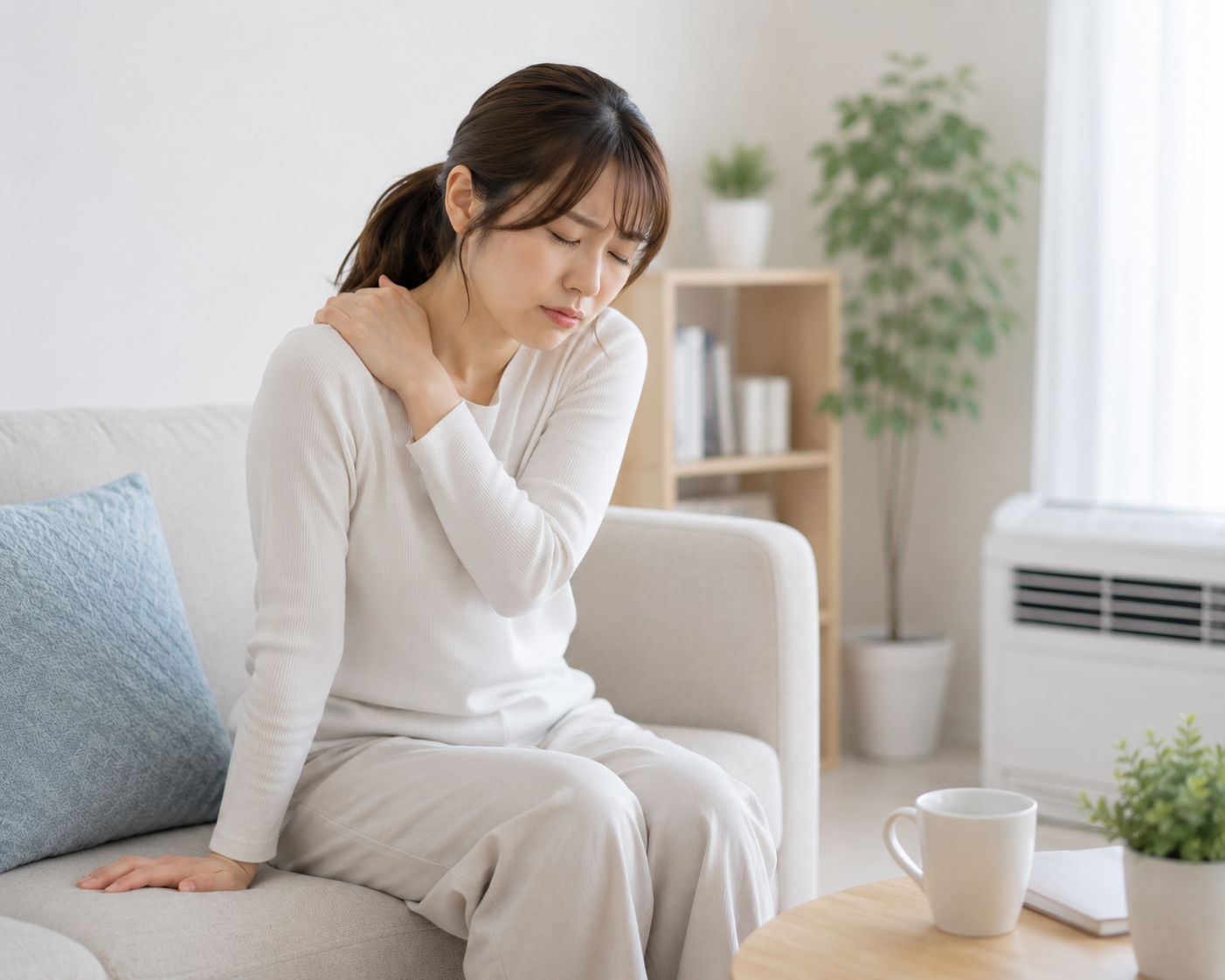 冷房の効いた室内で肩こりを感じている女性