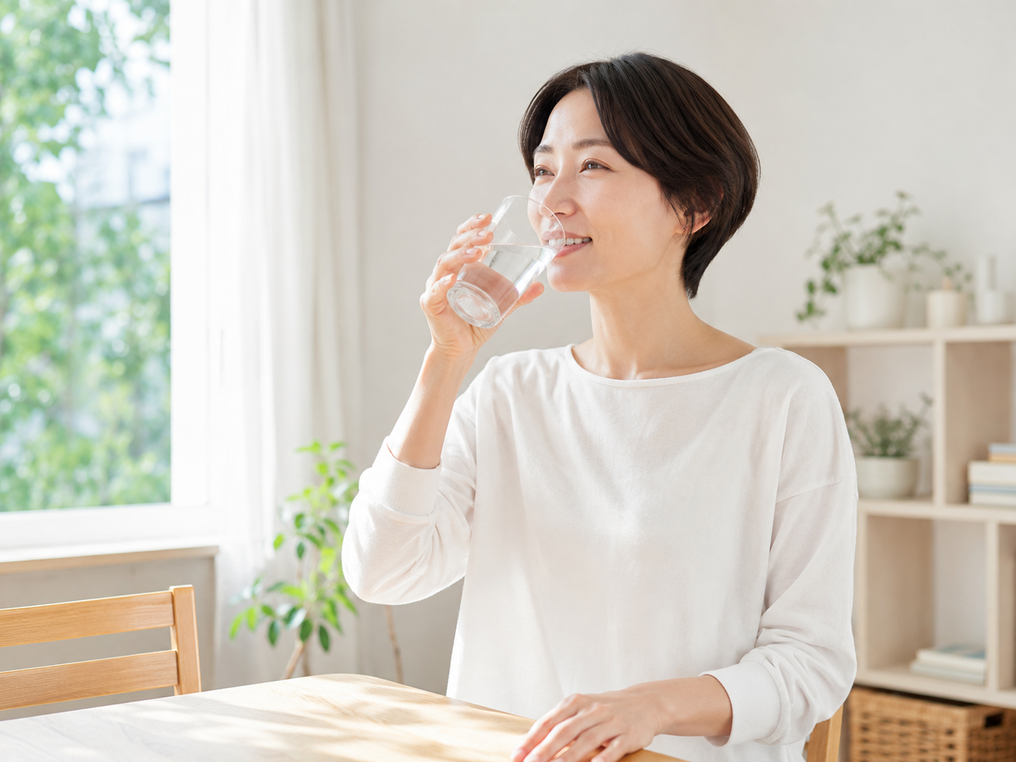 朝起きたあとに水分補給をしている女性