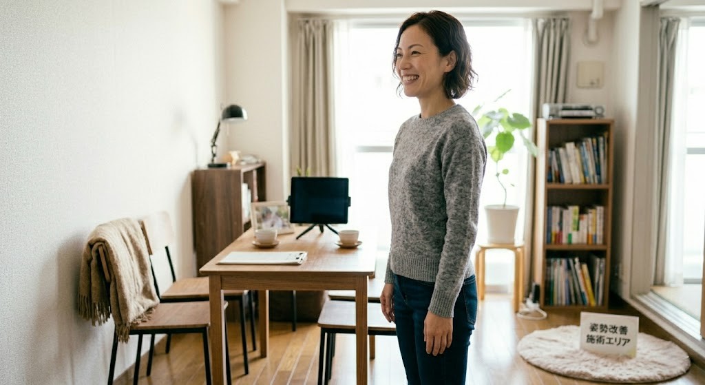 施術後に姿勢が整い、明るい表情で立っている女性の写真