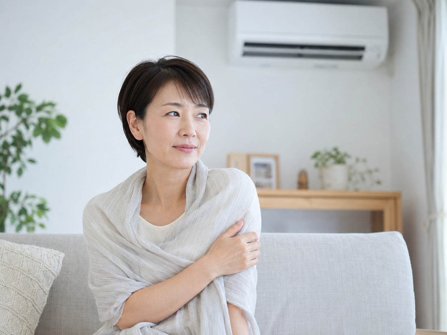 冷房による肩まわりの冷え対策で羽織りものを使う女性