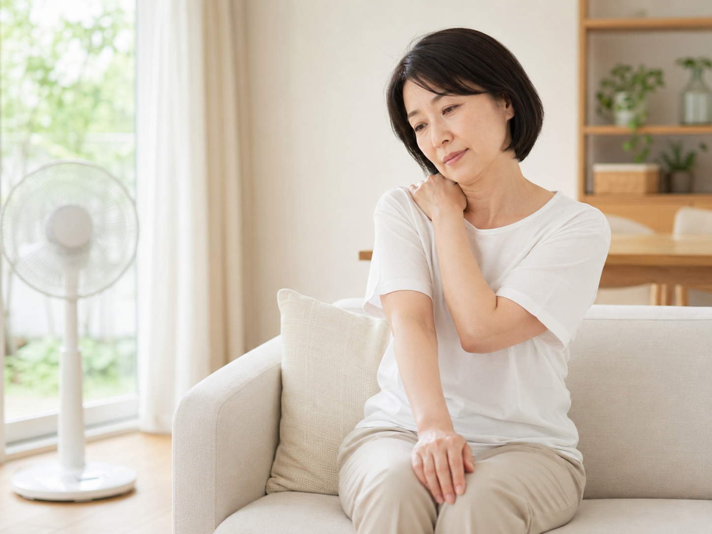 夏に室内で体の重さやだるさを感じている女性
