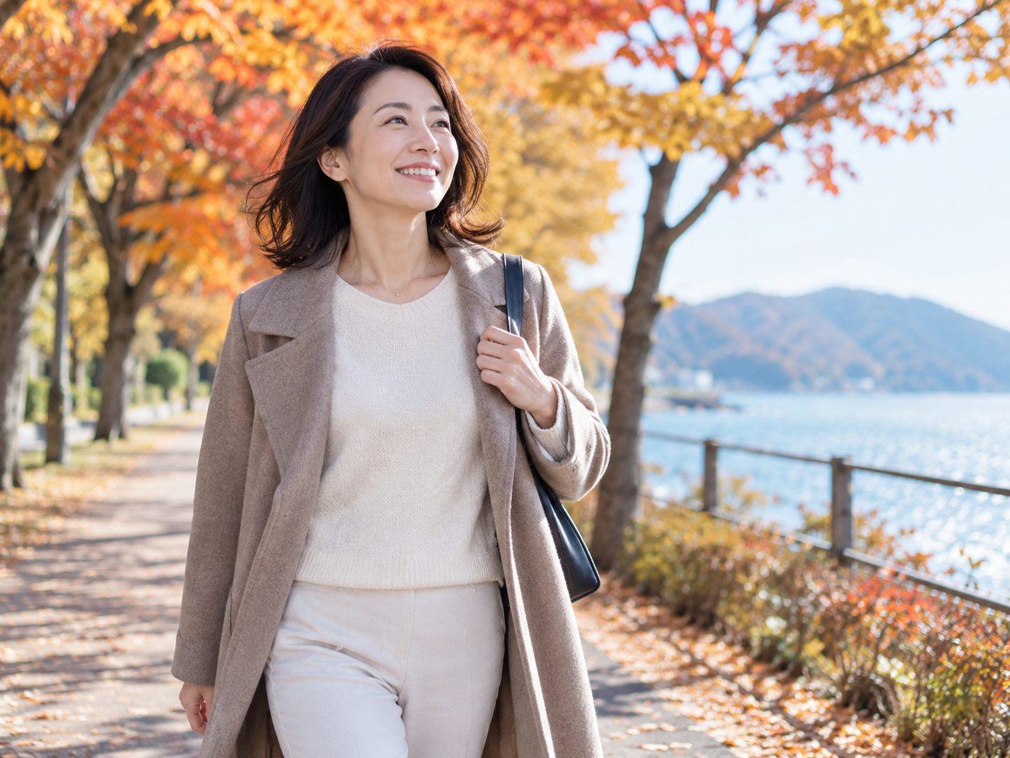 休日に秋の散歩を楽しんでいる女性