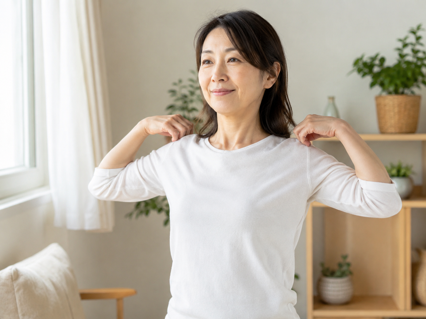 朝の首こりや腰の重さ対策としてやさしく背伸びをする女性