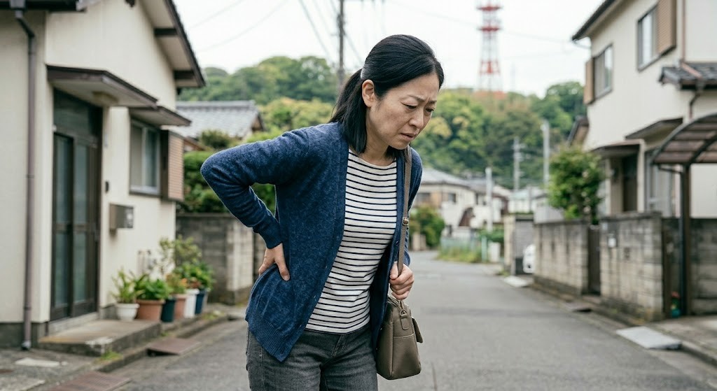 歩行中に膝や腰を気にしている女性