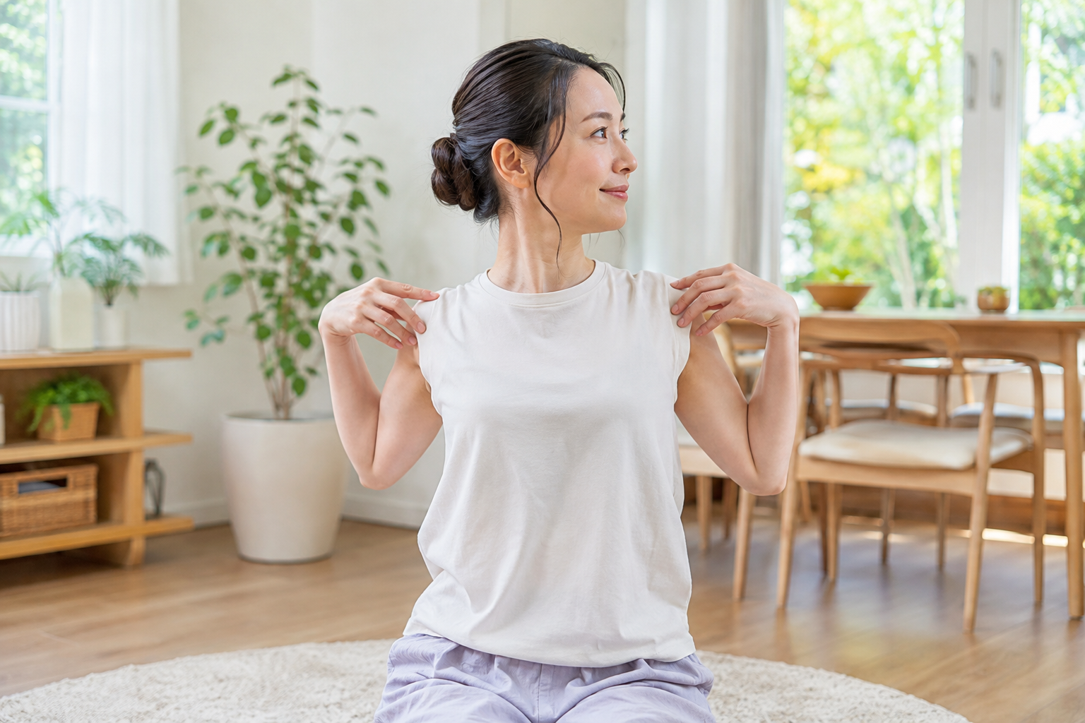 夏の疲れをためないために室内でやさしく肩を回す女性