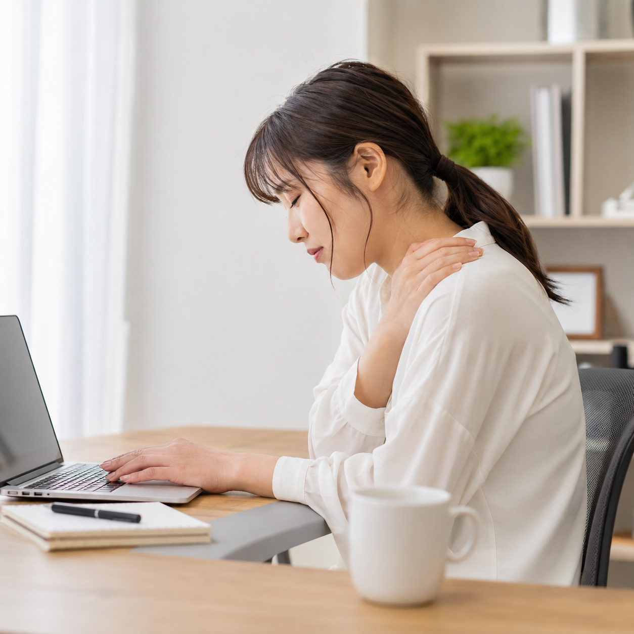 姿勢の崩れによって肩こりが起こる女性のイメージ