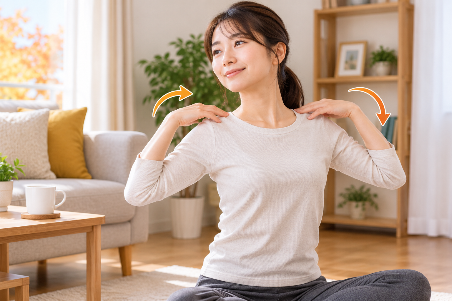 10月の肩こり対策として室内でやさしく肩を回す女性