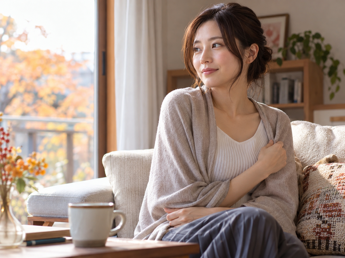 10月の朝晩の冷え対策として薄い羽織りものを使う女性