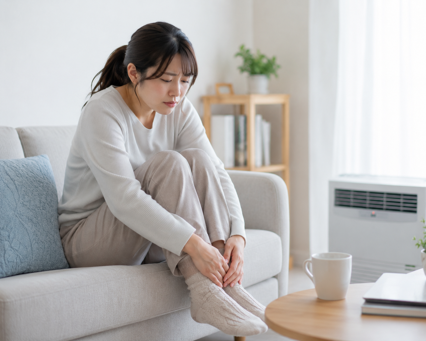 冷房の効いた室内で足元の冷えを感じている女性
