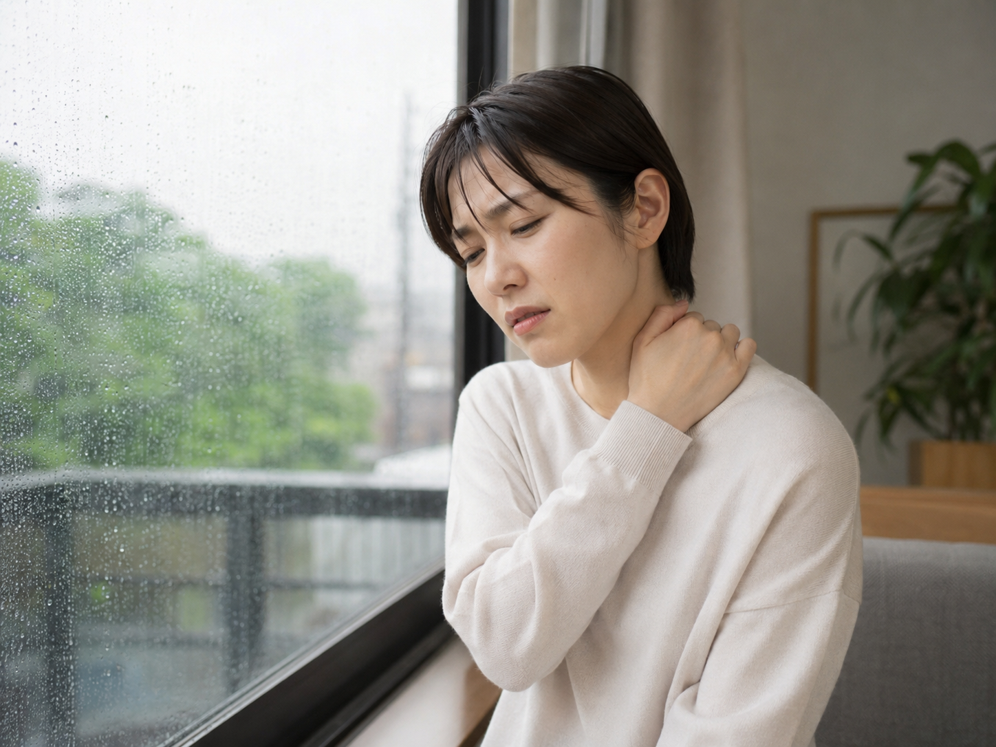 梅雨の後半に肩こりや体のだるさを感じている女性