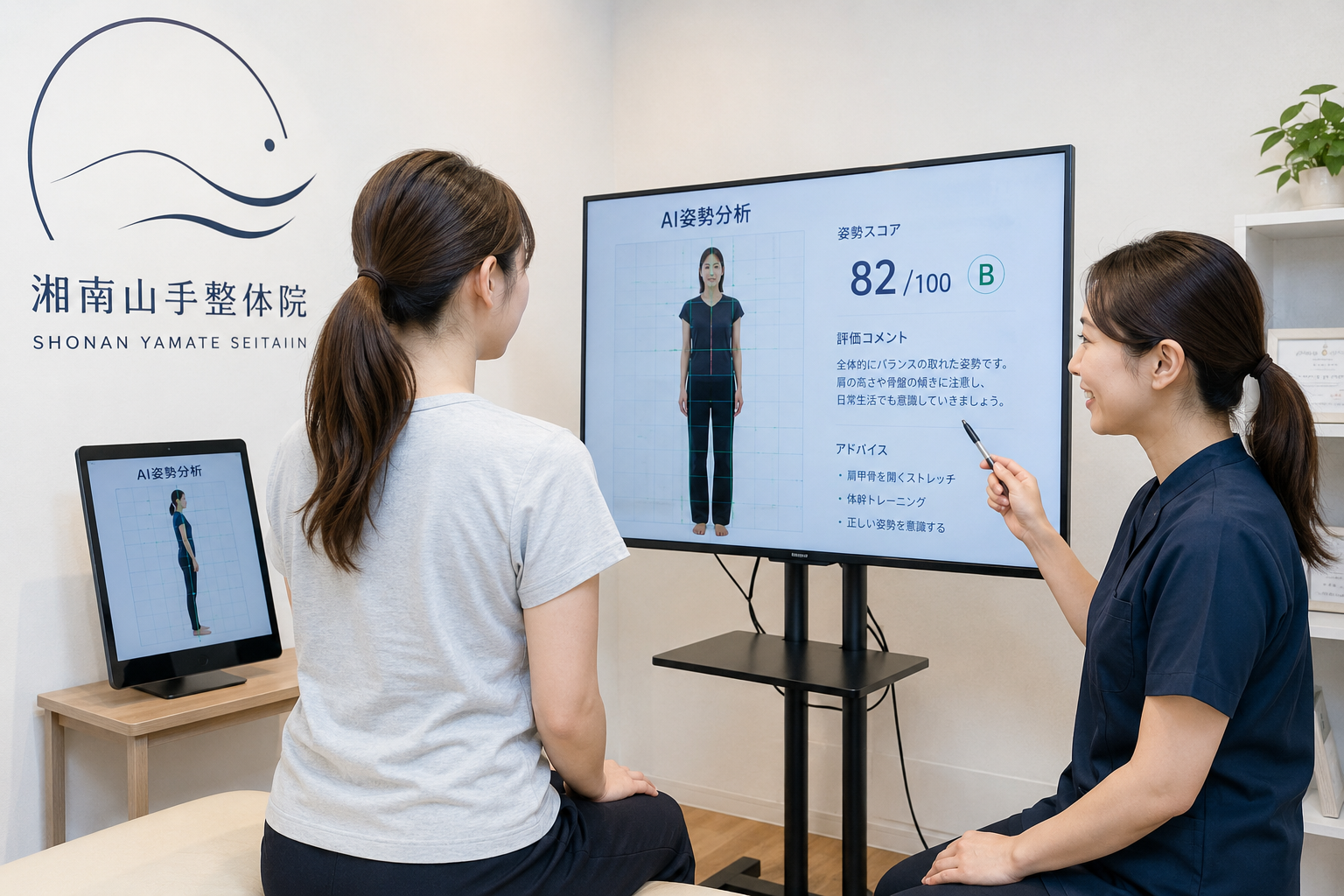横須賀市の湘南山手整体院でAI姿勢分析を受けている女性