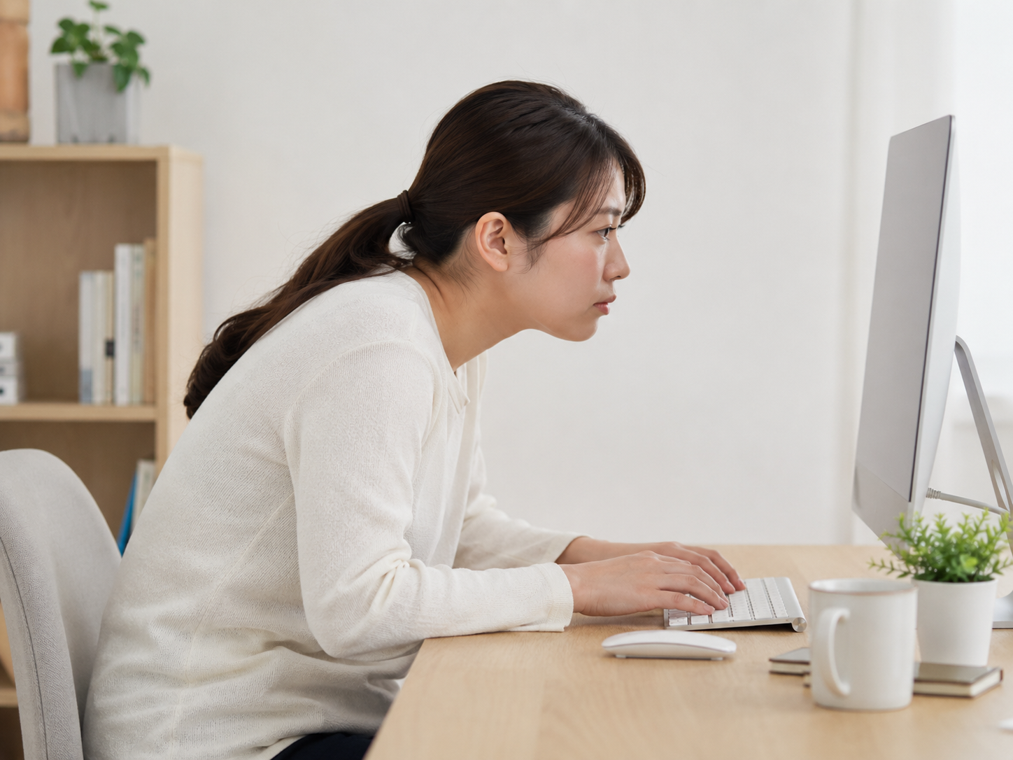 パソコン作業で頭が前に出ている女性
