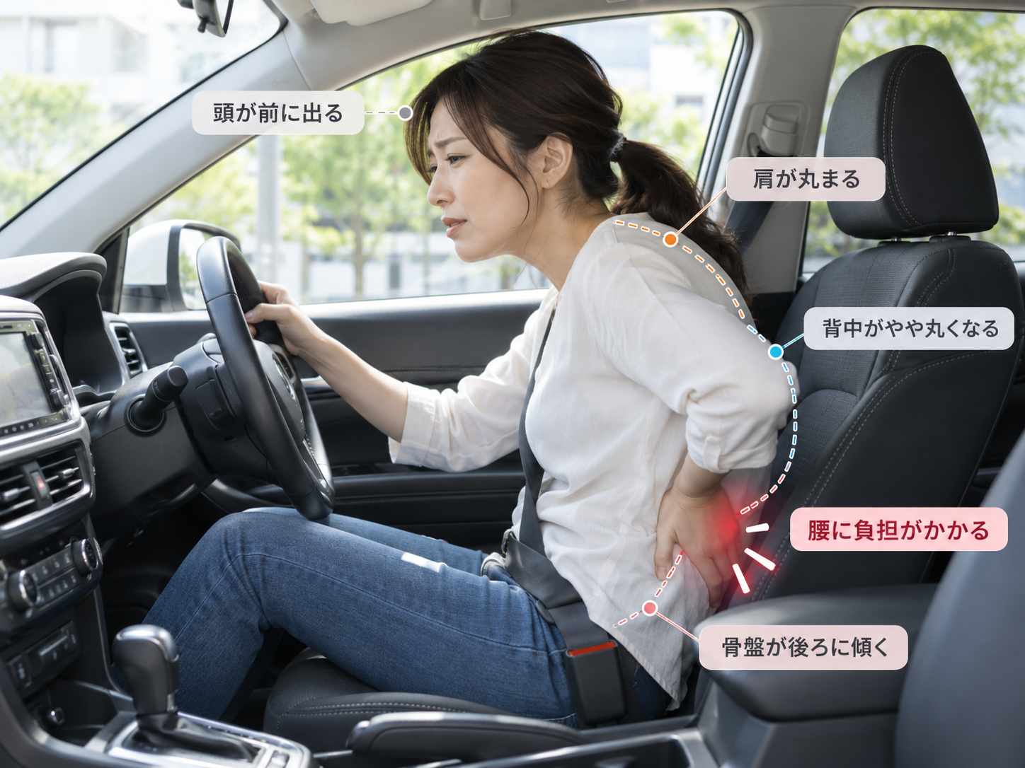 運転姿勢が腰痛に関係することを説明するイメージ