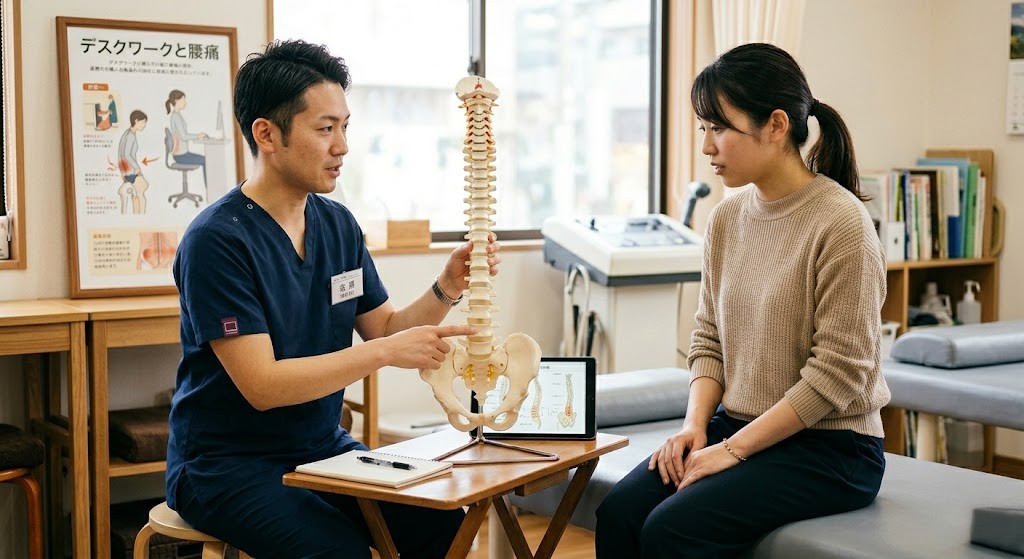 デスクワークで腰痛が戻りやすい理由を説明するイメージ