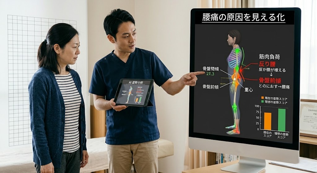 AI姿勢分析で体のバランスを確認しているイメージ