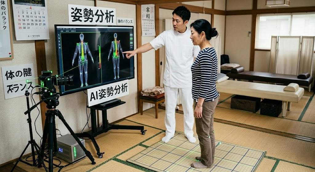 湘南山手整体院でAI姿勢分析により腰痛の原因を見える化するイメージ