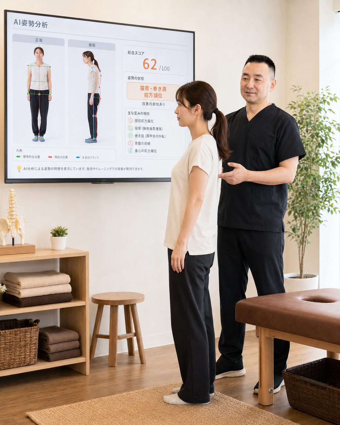 AI姿勢分析で巻き肩を確認しているイメージ