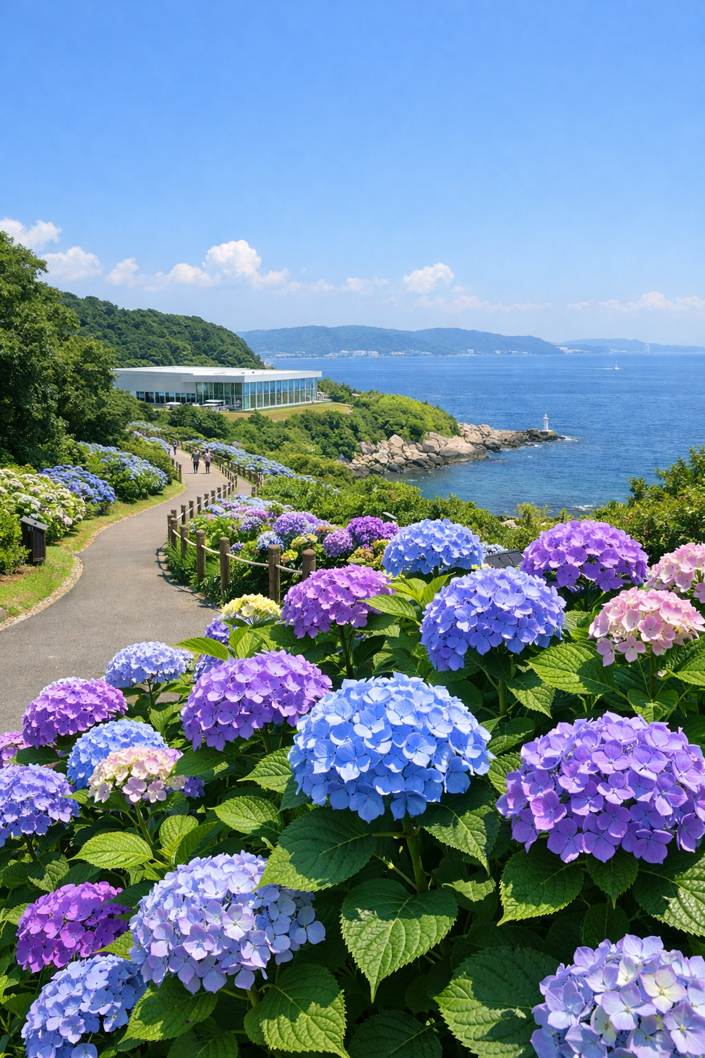 観音崎公園と横須賀美術館周辺で6月に色づくあじさいの景色