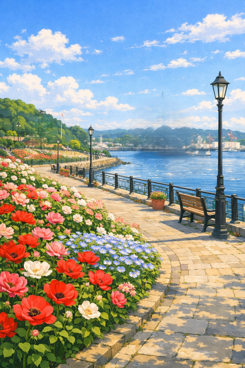 ヴェルニー公園で5月に咲くバラと横須賀らしい海沿いの景色