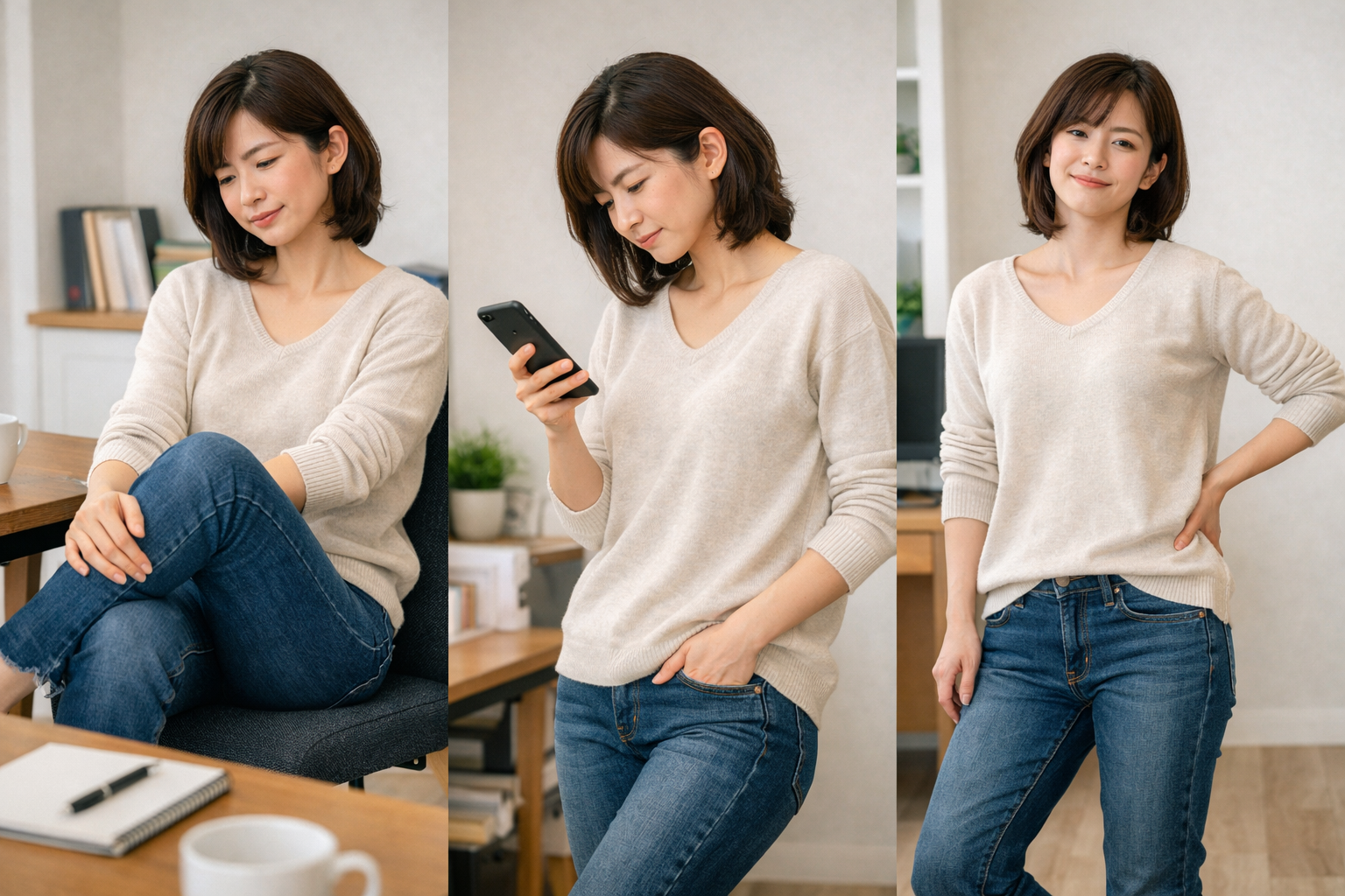 足を組む、スマホを見る、片側に体重をかけるなど、日常の姿勢クセを表すイメージ