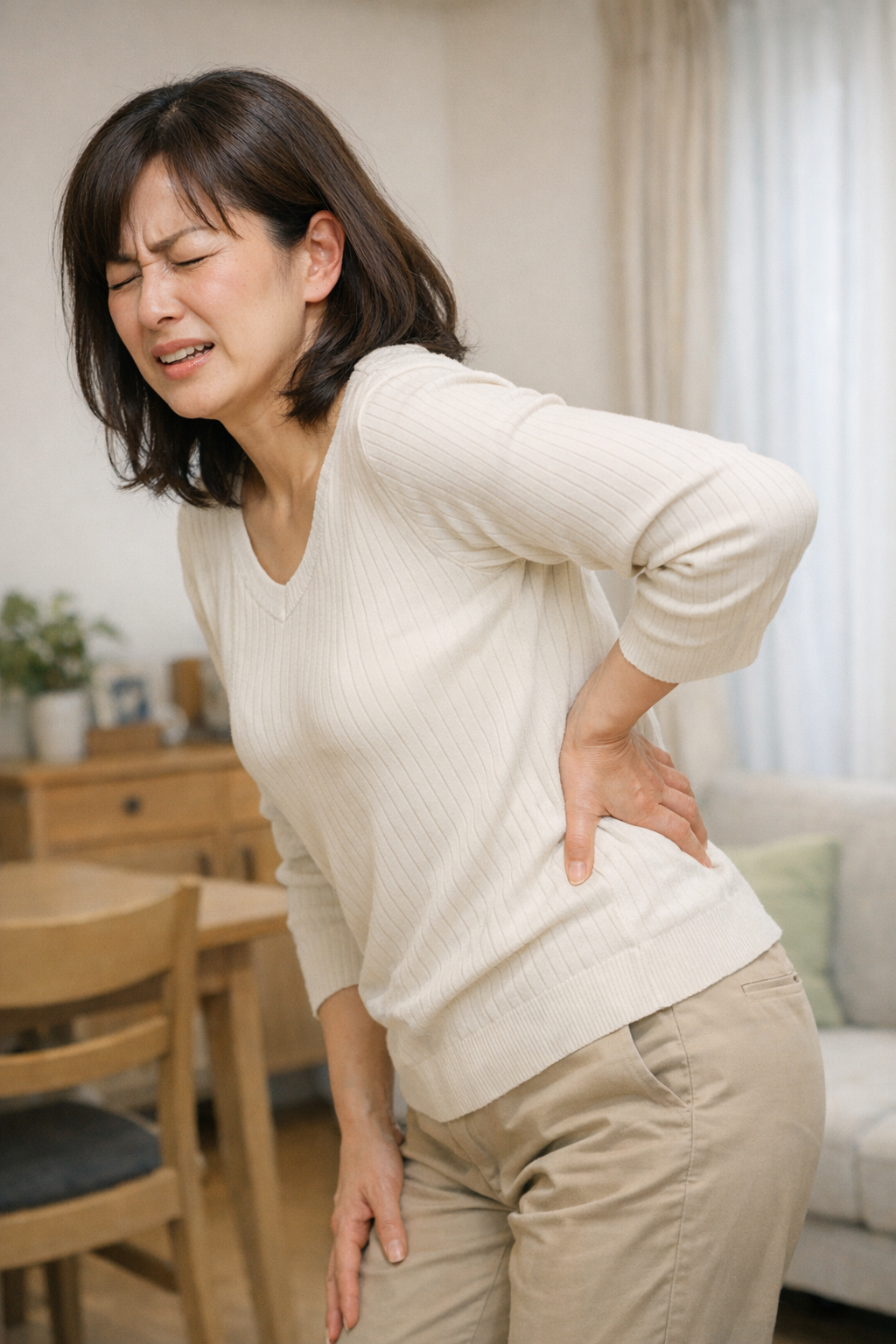 横須賀で腰痛に悩み腰に手を当てている方のイメージ