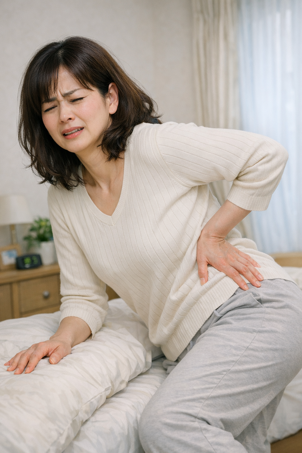 横須賀で腰痛に悩み腰に手を当てている方のイメージ