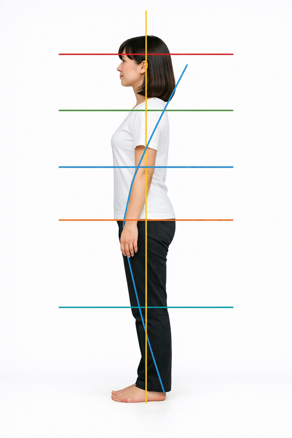 AI姿勢分析を受けている女性、または姿勢チェックの様子