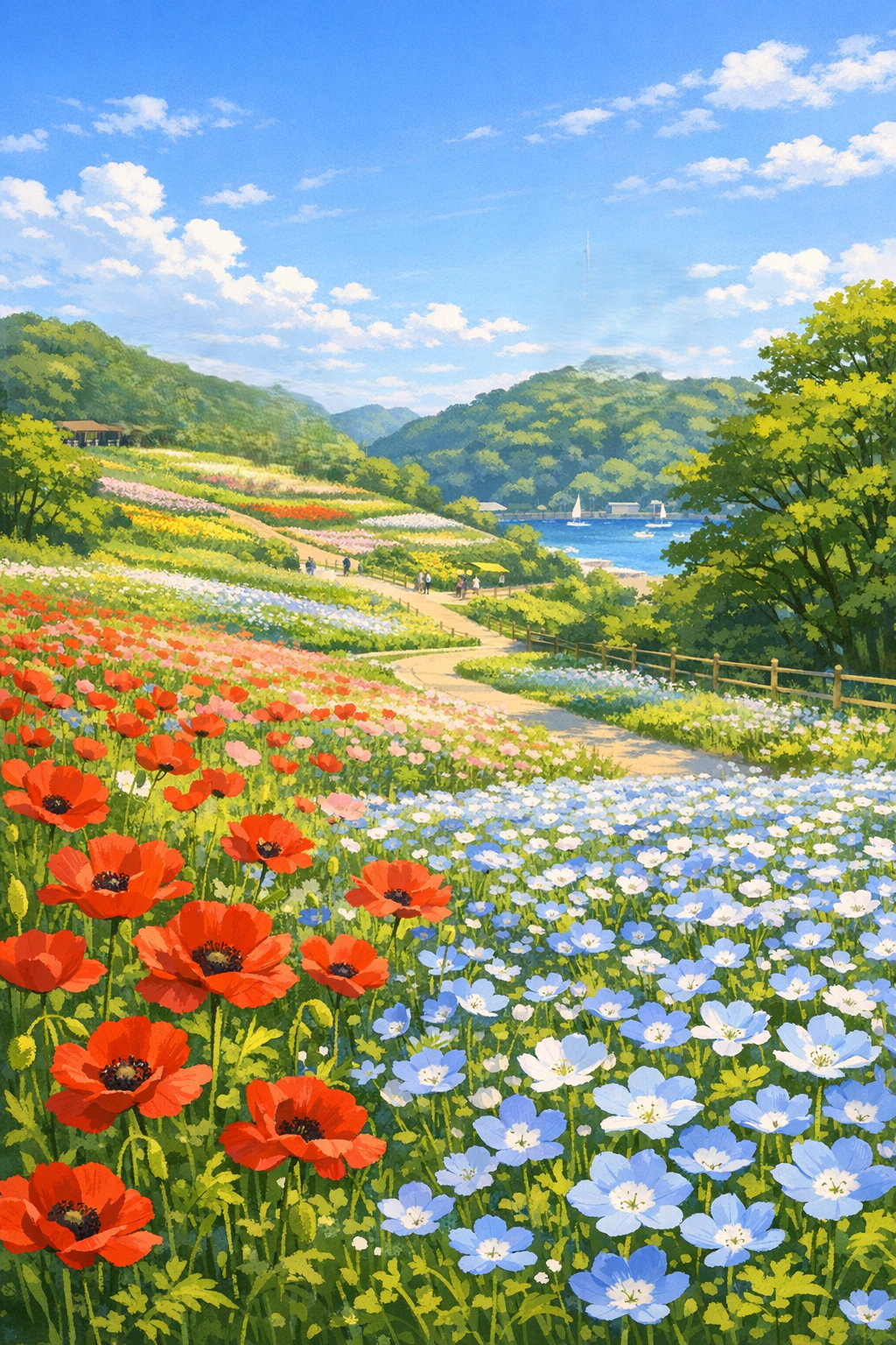 横須賀市のくりはま花の国で5月に楽しめるポピーとネモフィラの風景